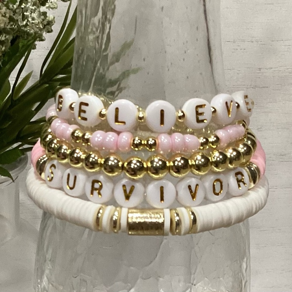 14K Gold Plated Custom Survivor Stack Bracelets Set of 5 Breast Cancer Awareness
